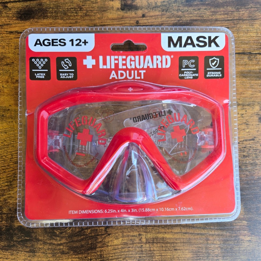 Lifeguard Swim Mask Adult OS Red Polycarbonate Lens Latex Free Goggles Snorkel